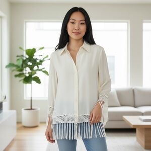 SILK FRINGED BUTTON DOWN SHIRT 90s SPENSER JEREMY Ivory Crochet Silk Chiffon